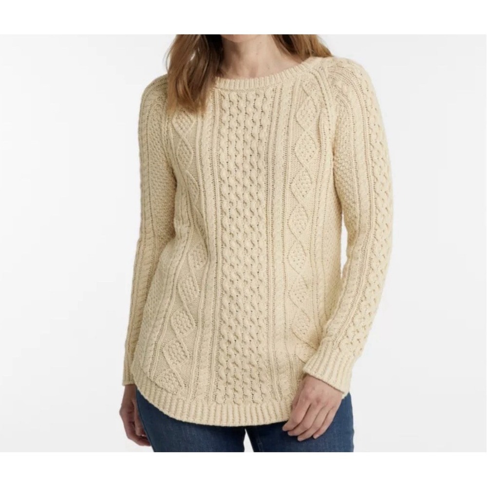 LL Bean Signature Women's Chunky Knit Fisherman Cable Tunic Sweater Sz XS Cotton